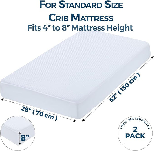 Dreamology Crib Mattress Protector, Waterproof Crib Mattress Pad Cover, 2 Pack Noiseless & Machine Wash 100% Absorbent Crib/Toddler Mattress Protector Sheet Quilted, White, 52" x 28"