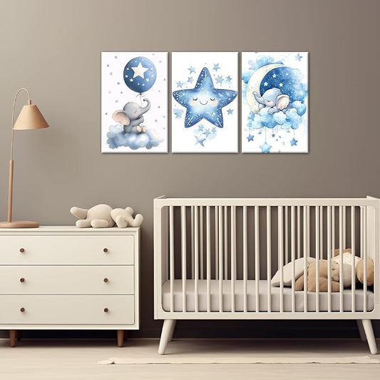 Nursery Canvas Wall Art Elephant Pictures Wall Decor Moon and Stars Painting Baby Boy Prints Cute Animal Poster Artwork for Kids Room Bathroom Decor Framed(Baby-1,12L x 16W x 3Pcs)