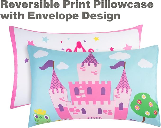 EVERYDAY KIDS 4 Piece Toddler Bedding Set -Princess Storyland- Includes Comforter, Flat Sheet, Fitted Sheet and Reversible Pillowcase