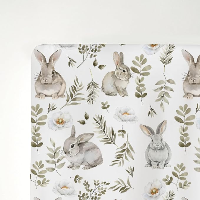 Watercolor Bunny Leaves Baby Crib Sheets for Boy Girl 52"x28" Spring Rabbits Flowers Soft Snug Fitted Crib Mattress Cover Animal Nursery Baby Sheet for Standard Crib & Toddler Bed Mattress