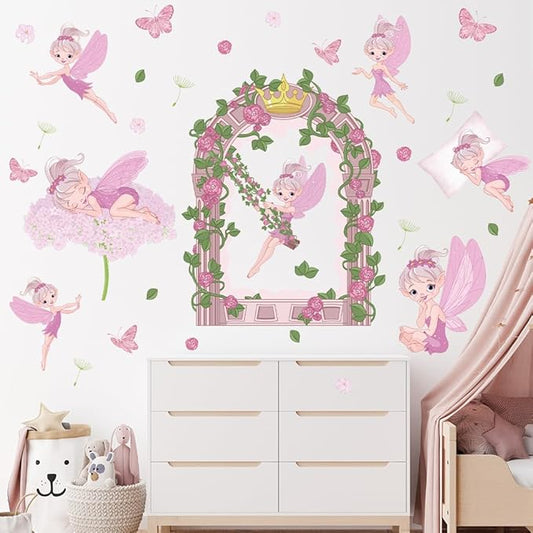 Fairy Girl Wall Decals Pink Flower Floral Butterfly Wall Stickers Baby Girl Room Wallpaper Peel and Stick Wall Art Decals for Girls Bedroom Kids Nursery Living Room