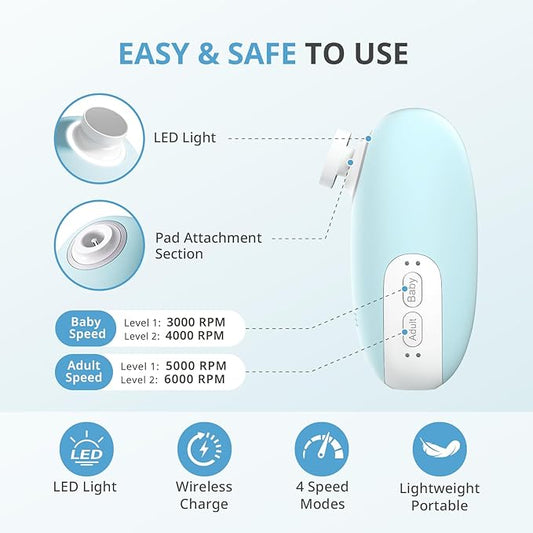 AIRSEE Premium Newborn Gift, Electric Baby Nail File, Cordless Safe Nail Trimmer for Infant, 6 Replacement Heads with Magnetic Storage Case, 360° Light, Baby Clipper, Christmas, Light Blue