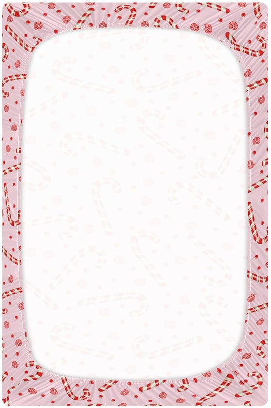 Candy Cane Christmas Pink Crib Sheets Soft Breathable Fitted Baby Playard Sheets Mattress Cover for Girl Boys, 39" x 27" x 5"