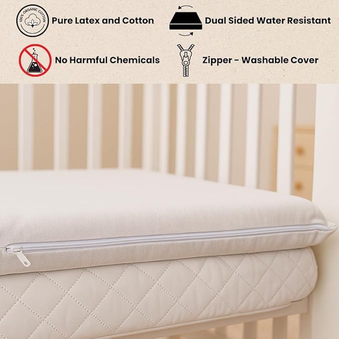 ORGANIC TEXTILES Organic Baby Mattress Topper with Water Resistant Removable Cotton Cover - GOLS/GOTS Certified - Breathable - 3" Mini Sleeper (31"x18")