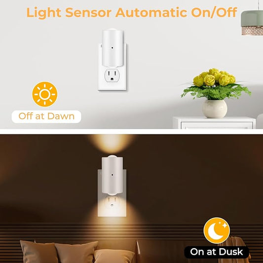 LED Night Lights Plug into Wall, Dimmable 4-Pack with Dusk to Dawn Sensor, 2700K Warm White, 0-200LM Adjustable & Rotatable Night Light for Bedroom, Hallway, Kitchen, Bathroom