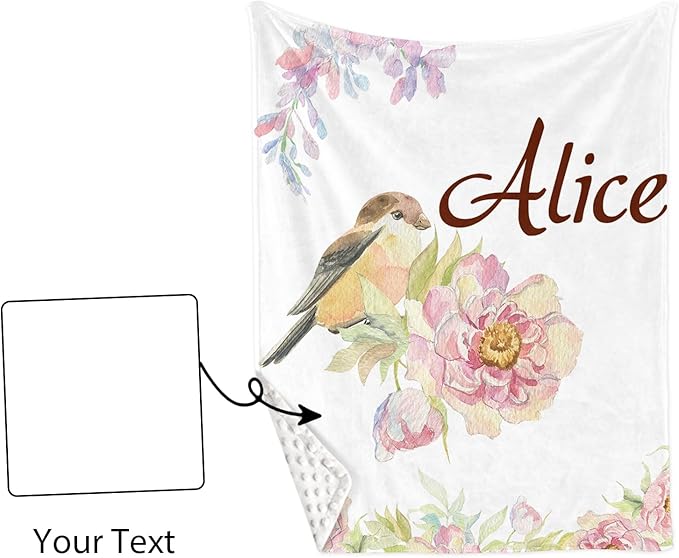 Personalized Crib Bedding Set, Custom Name Baby Bedding 5-Pcs Set - Blanket Fitted Sheet Changing Pad Cover Nursery Rug Wall Art, Pink Floral Bird Nursery Decor for Newborn Girls