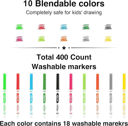 ARLTR Washable Markers Bulk, Bulk Pack of 400 in 10 Vibrant Colors with Super Tip - Perfect for Kids' Classrooms & Teachers