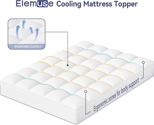 ELEMUSE Queen Mattress Topper for Back Pain, Extra Thick Mattress Pad Cover, Plush Soft Pillowtop with Elastic Deep Pocket, Overfilled Down Alternative Filling