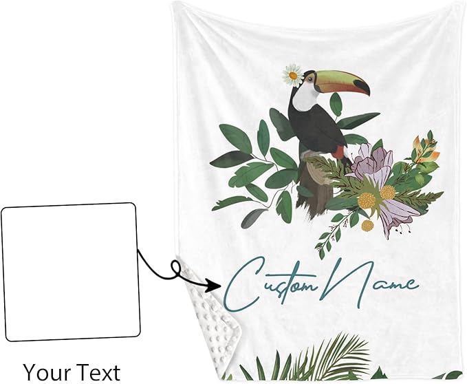 Custom Crib Bedding Set β Personalized Name Tropical Toucan Baby Bedding 5-Piece Set with Soft Blanket, Fitted Sheet, Changing Pad Cover, Rug and Wall Art β Colorful Jungle Nursery Decor