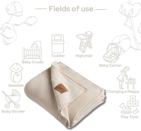 100% Organic Cotton Baby Knitted Blanket with Gift Box - Soft Toddler, Crib, Stroller Blanket - Neutral Swaddle and Receiving Blanket for Newborns, 30"x40", Beige