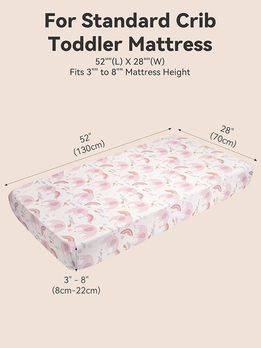 TILLYOU Baby Crib Sheets for Boys Girls, Super Soft Toddler Bed Sheets, 2 Pack Sheets for Standard Crib Mattress 28x52in, Rainbow Elephant