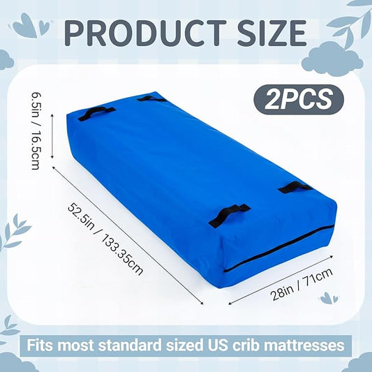 2 Pcs Oxford Cloth Waterproof Crib Mattress Storage Bag with Zipper and 8 Reinforced Handles Heavy Duty Reusable Crib Mattress Cover for Storage, 52.5 x 28 x 6.5 Inches (Blue)