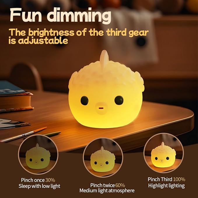 DNBFLLK White Pufferfish Night Light - Silicone Touch Sensor Lamp for Nursery, 3 Adjustable Brightness, USB-C Rechargeable Baby-Safe Bedside Light, Modern Kids Room Decor & Toddler Sleep Aid