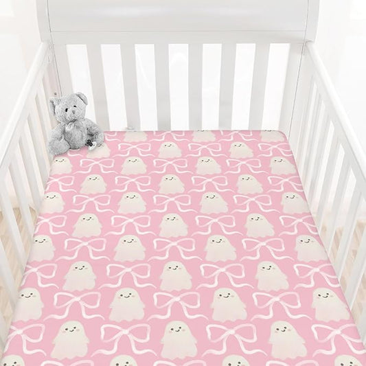 Halloween Spooky Pink Bows Baby Crib Sheets Cute Pastel Bows Soft Crib Sheet Spooky Season Fitted Crib Mattress Cover for Standard Crib and Toddler Mattresses 52"x28"