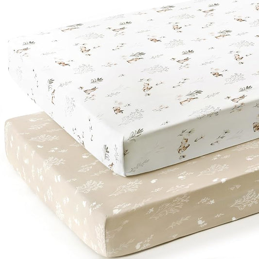 GRSSDER Stretch Ultra Soft Jersey Knit Fitted Crib Sheets Set 2 Pack,Fit All Standard Crib Mattress Pads Safe and Snug, Crib Fitted Sheet for Boys and Girls, Stylish Watercolor Rabbit Pattern