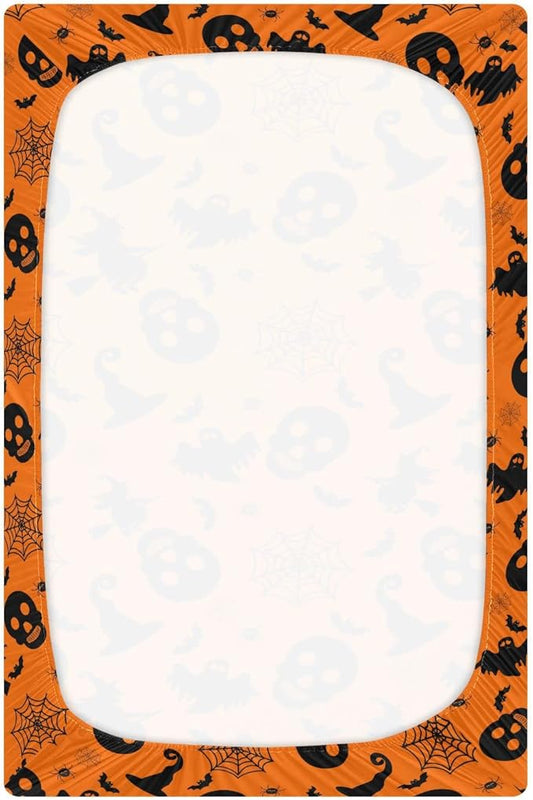 Halloween Orange Bat Ghost Crib Sheets Soft Breathable Fitted Baby Crib Sheets Mattress Cover for Girl Boys, 52" x 28" x 9"