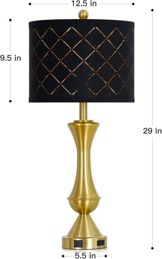 luxeflow 29" Gold Modern Table Lamps Set of 2, 3-Way Dimmable Touch Lamps for Nightstand with USB A+C & Outlets,Brass Lamps for Living Room, Bedroom, Nightstand, Entryway(2 Bulbs Included)