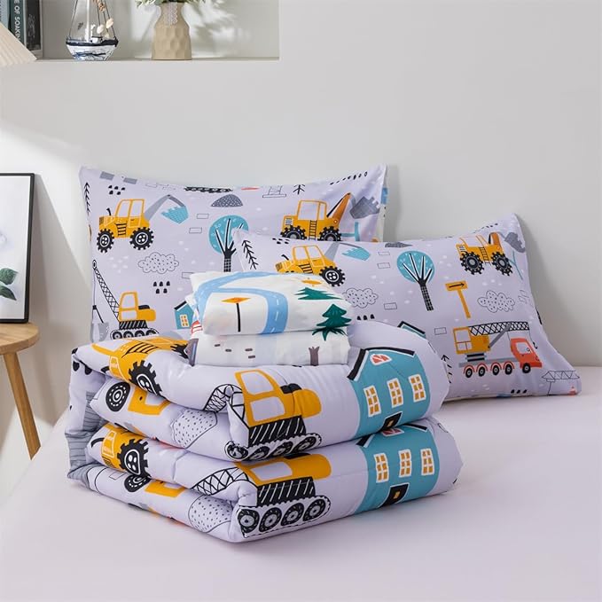 NTBED 5 Pieces Construction Cars Comforter Set Full for Boys Kids Bed in a Bag Vehicles Transportation Lightweight Microfiber Bedding Sets,Light Grey
