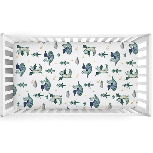 Cartoon Fairy Tale Dragon Trees Stars Baby Crib Sheets 52''x28'' Watercolor Dragons Stretchy Fitted Crib Mattress Cover for Boy Girl Soft Bed Sheet for Standard Crib and Toddler Mattress