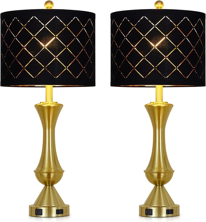 luxeflow 29" Gold Modern Table Lamps Set of 2, 3-Way Dimmable Touch Lamps for Nightstand with USB A+C & Outlets,Brass Lamps for Living Room, Bedroom, Nightstand, Entryway(2 Bulbs Included)