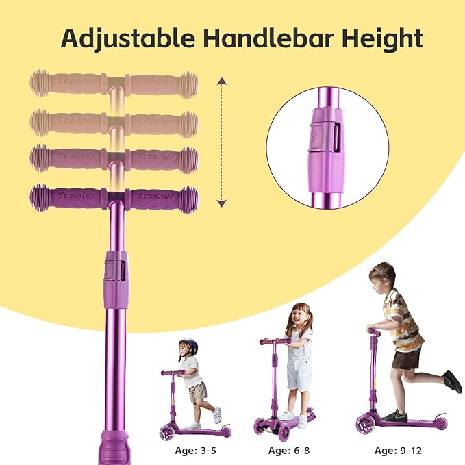 3 Wheel Scooter for Kids Ages 6-12,Kids Scooter with Light Up Wheels, Sturdy Deck Design, and 4 Height Adjustable Suitable for Kid Ages 3-12