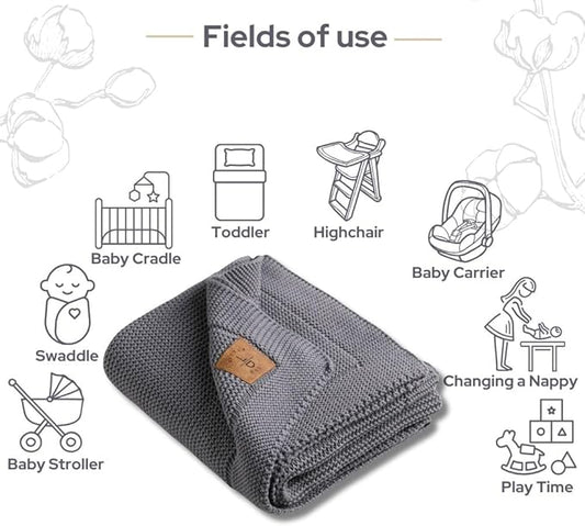 100% Organic Cotton GOTS Certified Baby Knitted Blanket with Gift Box - Soft Toddler, Crib, Stroller Blanket - Neutral Swaddle and Receiving Blanket for Newborns, 30"x40", Dark Grey