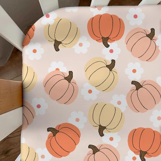 Autumn Pumpkin Boho Floral Baby Crib Sheets Fall Pumpkin Flowers Fitted Crib Mattress Cover Autumn Thanksgiving Harvest Toddler Baby Sheet for Standard Crib 28x52in