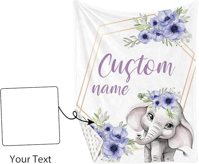 Custom Baby Crib Bedding Set,Personalized Name Purple Flower Elephant Nursery Bed Set 4 Piece,Baby Blanket Fitted Sheet Nursery Rug Wall Art Set,Custom Room Decor Idea Gift for Newborns Boys Girls
