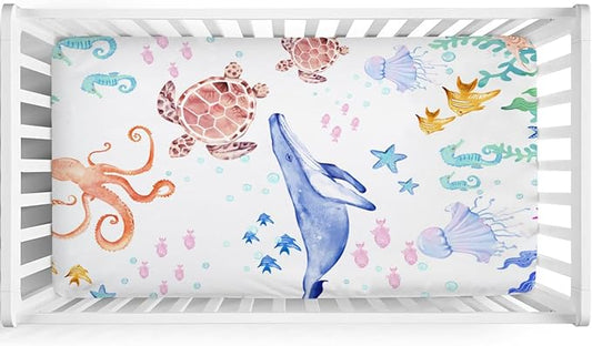 Ocean Animals Corals Sea Weeds Baby Crib Sheet 52''x28'' Colorful Nautical Life Fitted Crib Mattress Covers for Boy Girl Nursery Toddler Baby Bed Sheet Fits Standard Crib Toddler Mattress