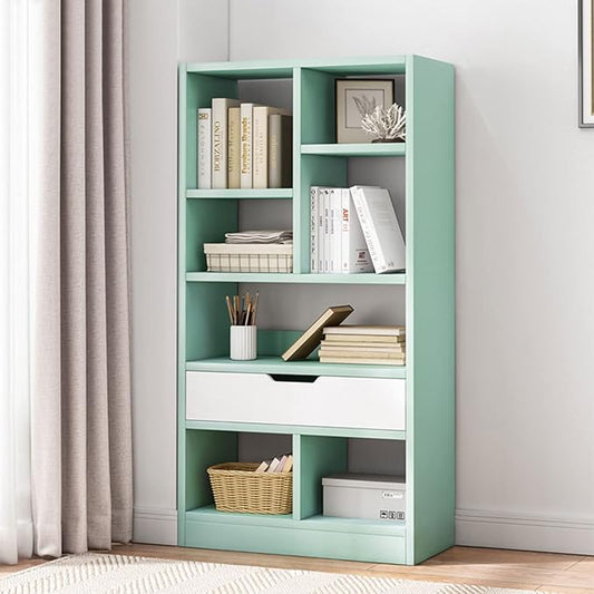 IOTXY Wooden Open Shelf Bookcase - 51 Inches Height Freestanding Display Storage Cabinet Organizer with 7 Cubes and a Drawer, Floor Standing Bookshelf in Tiffany-Green