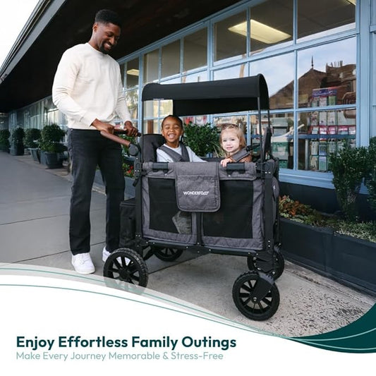 WONDERFOLD W2 Luxe Pro Stroller Wagon (2 Seater) - Collapsible Wagon Stroller with Seats Featuring 5-Point Safety Harnesses and Adjustable Sun Canopy, Jet Black