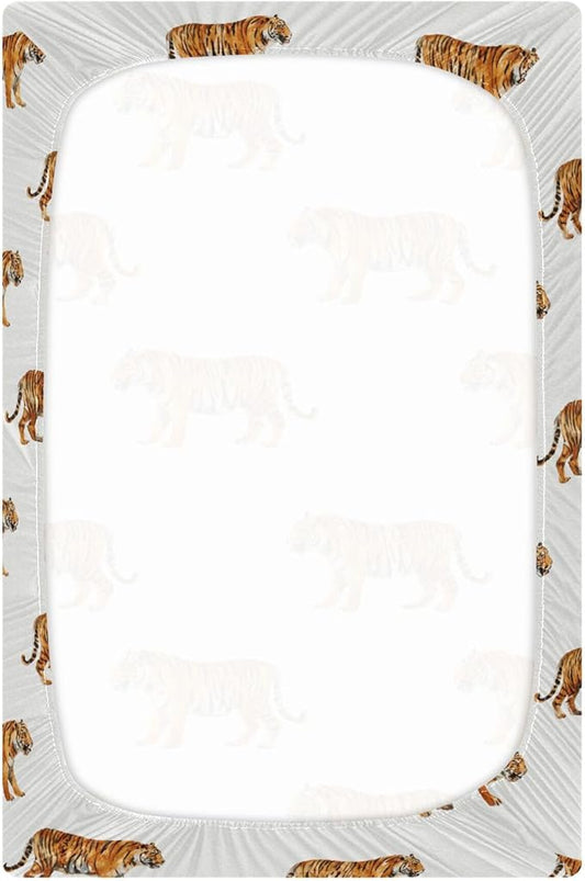 Tropical Tigers Animal Grey Crib Sheets Soft Breathable Fitted Baby Crib Sheets Mattress Cover for Girls Boys, 52" x 28" x 9"