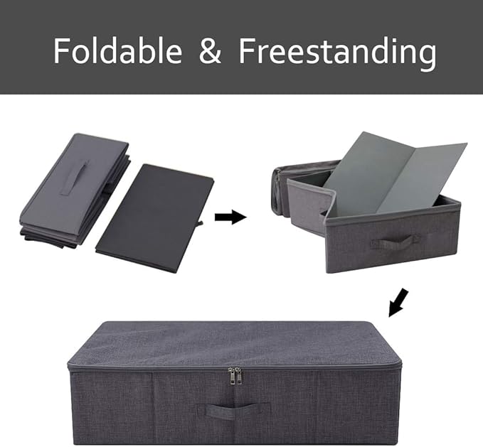 iwill CREATE PRO Underbed Storage Boxes for Bedding/Garment/Duvets/Blankets/Shoes, Folding Fabric Rigid Under bed Storage Bins with Zip Lid, Washable, Black Gray