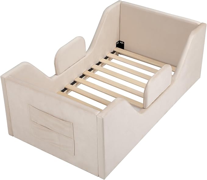 Toddler Floor Bed with Removable Safety Rails and Storage Bag, Kids Bed for Girl and Boys, Standard Crib Size, Safety Upholstered Child Beds, Low to Floor Design