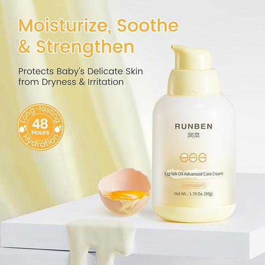 RUNBEN Baby Face Cream with Egg Yolk Oil, 48H Deep Moisturizing, Gentle & Non-Greasy Kids Face Lotion, Dry & Sensitive Skin Care for Baby, Fragrance-Free, 1.76 oz