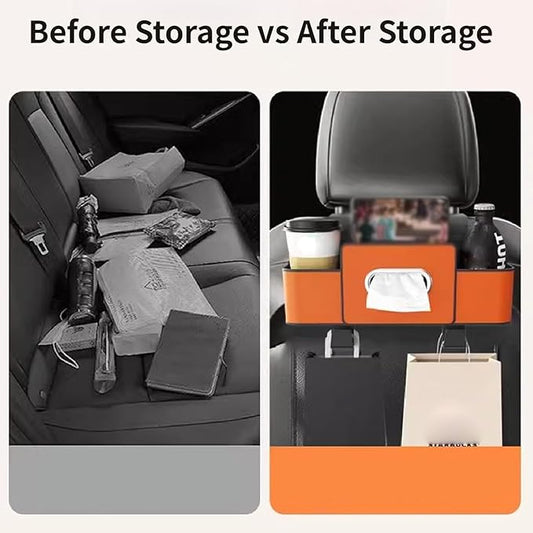 Back Seat Car Organizer,2026 New 4 in 1 Multifunctional Car Back Seat Storage Box with Drink Cup Holder Tissue Box, Car Seat Gap Filler Organizer for Hold Phone,Snacks, Drinks, Handbag (Brown)