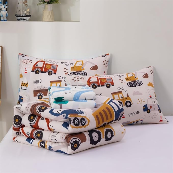 NTBED 5 Pieces Construction Twin Comforter Set for Boys Kids Fire Truck Vehicles Excavator Lightweight Microfiber Bedding Sets