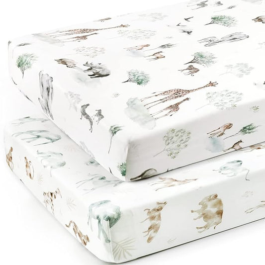 Stretch Ultra Soft Jersey Knit Fitted Crib Sheets Set 2 Pack,Fit All Standard Crib Mattress Pads Safe and Snug, Crib Fitted Sheet for Baby, Stylish African Savannah Animals Pattern