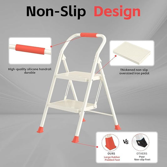 Foldable Folding Step Ladder Stool - 2 Stepping Tall Extension Heavy Duty with Handrails for Home Adults Kitchen - Extendable Stepladder Closet Stepstool Stair Ladders for Indoor House 600Lbs