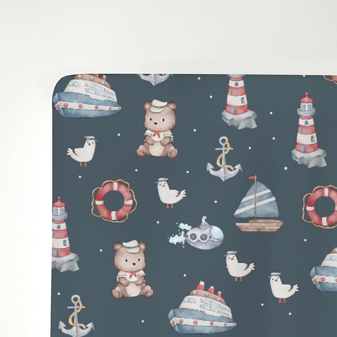 Sailor Bear Watercolor Baby Crib Sheets for Boy Girl 52x28Inch Bear Lighthouse Anchors Boats Soft Snug Fitted Crib Mattress Cover Coastal Nautical Life Baby Sheet for Standard Crib & Toddler Mattress