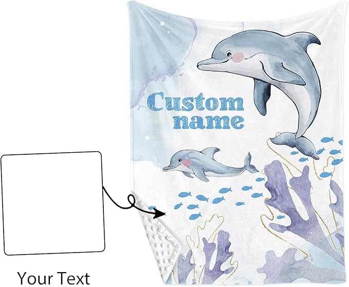 Personalized Baby Crib Bedding Set, Custom Name Blue Dolphin Baby Bedding 2-Pcs Set - Soft Double Layer Dotted Blanket and Fitted Sheet, Nursery Bedding for Newborn Boys Girls, Perfect Shower Gift