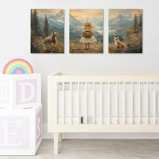 Girls' Adventure Nursery Decor, Set of 3 Framed Canvas Wall Art, Wilderness & Baby Animal Prints for Kids Room, Mountain Woodland Nursery Wall Art, Baby Girl's Nature Landscape Wall Decor, 16"x24"