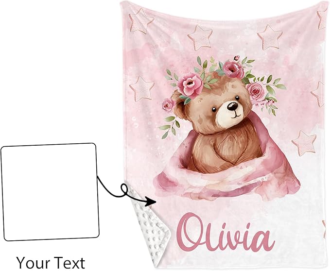 Custom Baby Crib Bedding Set, Personalized Name Pink Bear Design Crib Set 3 Pcs, Soft Double Layer Blanket, Crib Sheet & Room Rug, Ideal Nursery Decor Gift for Baby Girls Boys