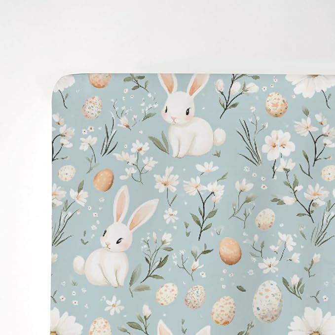 Blue Spring Bunnies Daisy Floral Baby Crib Sheets for Boy Girl 52x28 Cute Rabbits Eggs Flowers Soft Snug Fitted Crib Mattress Covers Spring Garden Baby Sheet for Standard Crib & Toddler Bed Mattress