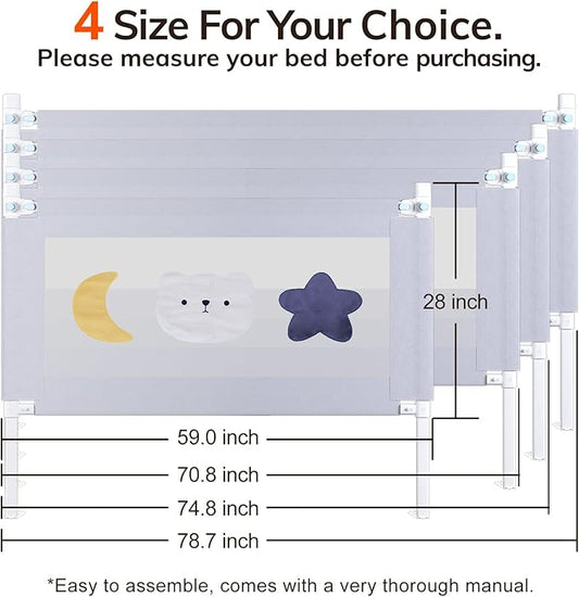 omzer Bed Rail for Toddlers - Baby Bed Guard Rail with Double Child Lock, Safety Bedrail for Children Kids with Pattern, Infants Height Adjustment Guardrail for Queen Size - 1 Pack, 59”