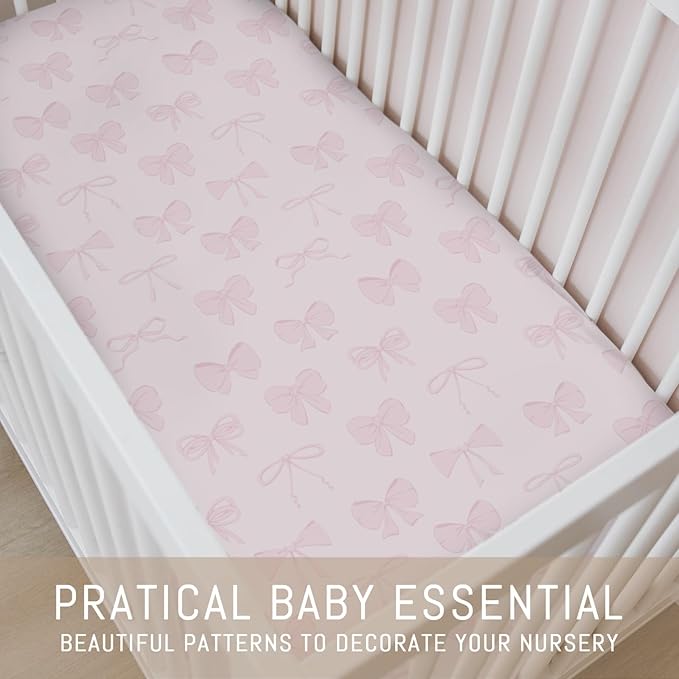 Pastel Pink Bows Baby Crib Sheets for Boys Girls Preppy Girly Ribbons Soft Snug Fitted Crib Mattress Covers for 52''x28'' Standard Crib & Toddler Mattress Cute Valentine Bows Nursery Bed Sheets