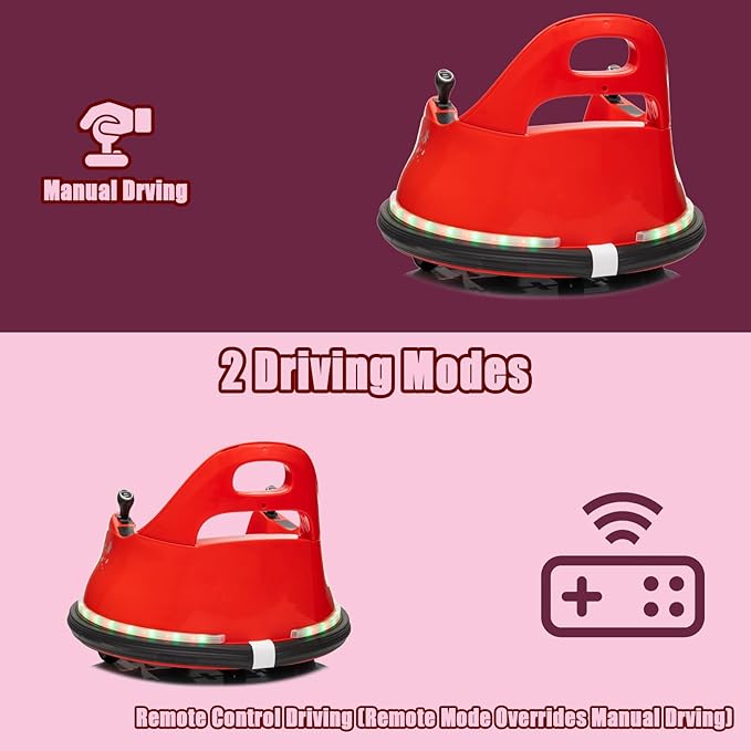 12V Kids Ride On Bumper car for Toddlers& Kids, Battery Powered Electric Vehicle Ride on Toys Car W/Parents Remote Control, Music, Bright Colorful LED Lights and 360° Spin, Red