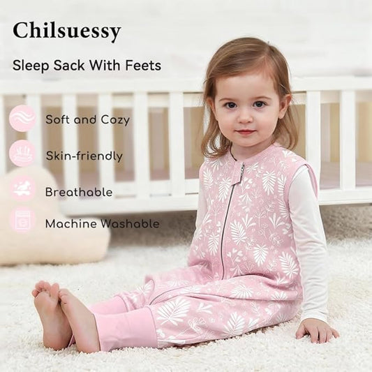 Toddler Sleep Sack with Feet 3-4 T, 2.5 TOG Cotton Baby Wearable Blanket with Legs, Winter Sleep Bag Walker with 2-Way Zipper, Floral