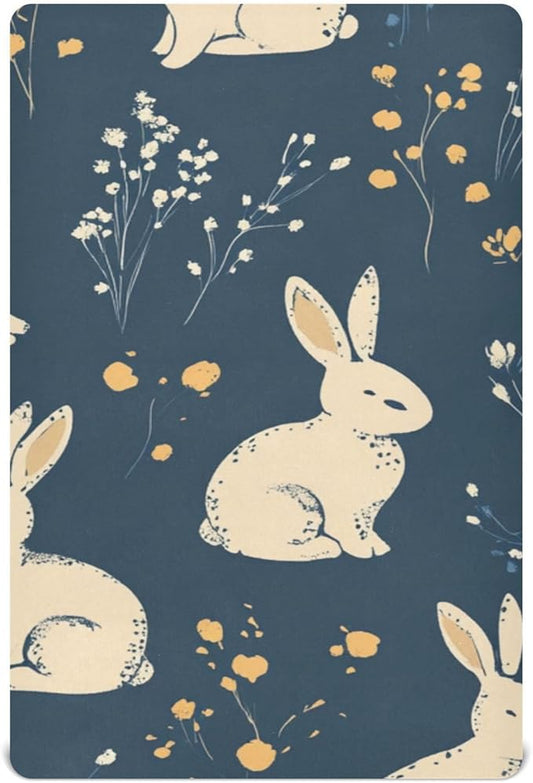 Easter Bunny Floral Dark Blue Crib Sheets Standard Crib Toddler Mattresses Cover Fitted Baby Bed Sheet Breathable Crib Mattress Sheet for Girls Boys 39''x27''x9''