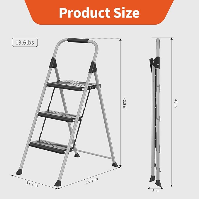 DIAMONDFORGE 3 Step Ladder, Folding Step Stool with Anti-Slip Wide Pedal, Soft Handle, Anti-Slip Feet, Sturdiest Steel Construction, 900lbs Capacity Steel Ladder for Home and Office, Grey